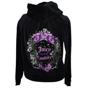 Juicy Couture Girls Black Velour Hoodie Size XL (16) Gothic Crest Zip Jacket Y2K